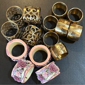 3 sets / napkin rings. 2 gold sets and 1 floral